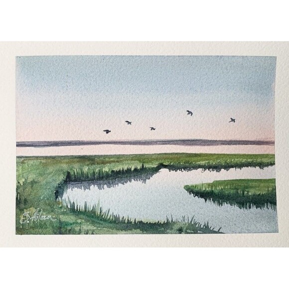 Gold Framed Original Watercolor Landscape Painting Lowcountry Birds 6x8" Signed - Picture 5 of 6